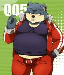  2014 anthro belly black_nose bottomwear clothing humanoid_hands kemono male mammal nikiciy overweight overweight_male pants shirt solo topwear ursid 