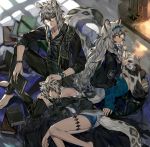  1boy 2girls alternate_costume animal_ears arknights book brother_and_sister cliffheart_(arknights) fireplace glasses leopard_ears leopard_tail long_hair multiple_girls noy petting pramanix_(arknights) short_hair siblings silverash_(arknights) sisters sleeping snow_leopard tail white_hair 