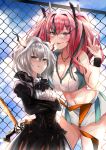  2girls :p :t absurdres arknights ascot azur_lane bad_hands bangs bare_legs bare_shoulders black_dress black_neckwear blue_sky blush breasts bremerton_(azur_lane) bremerton_(scorching-hot_training)_(azur_lane) center_frills chain-link_fence cleavage cloud commentary_request cowboy_shot crop_top crop_top_overhang crossed_arms crossover dragon_horns dress eyebrows_visible_through_hair fence frilled_shirt_collar frills glint green_skirt grey_hair groin hair_between_eyes hair_intakes hair_ornament hairclip heart heart_necklace height_difference highres horns large_breasts long_hair long_sleeves looking_at_viewer medium_breasts midriff mole mole_on_breast mole_under_eye multicolored_hair multiple_girls navel navel_piercing piercing pink_eyes pink_hair seabread shirt short_hair sidelocks signature skirt sky sleeveless sleeveless_shirt smile sparkle sportswear standing streaked_hair sword talulah_(arknights) tennis_uniform tongue tongue_out twintails two-tone_hair two-tone_shirt two-tone_skirt v weapon white_hair white_shirt white_skirt wristband x_hair_ornament yellow_eyes 