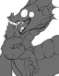  ambiguous_gender anthro bodily_fluids dragon drooling feral hi_res holding_character monochrome multi_eye nablacah open_mouth prehensile_feet ringed_eyes saliva teeth tongue tongue_out unknown_species 
