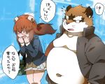  2013 5:4 anthro belly blush brown_body brown_fur canid canine clothed clothing duo eyes_closed fur japanese_text kemono male mammal moobs navel nikiciy open_shirt overweight overweight_male raccoon_dog shirt tanuki text topwear 