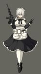  1girl black_bow black_gloves black_neckwear bow eyebrows_visible_through_hair eyes_visible_through_hair frills gloves grey_background grey_eyes gun highres holding holding_gun holding_weapon maid maidenhead medium_hair oosaki_356 original pouch simple_background solo standing v weapon white_hair 