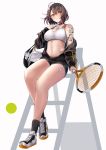  1girl absurdres arm_tattoo azur_lane baltimore_(azur_lane) baltimore_(black_ace)_(azur_lane) bandaid_on_leg black_choker breasts brown_hair chest_tattoo choker cleavage commentary_request flower_tattoo full_body highres holding_racket large_breasts looking_at_viewer midriff navel numaguro_(tomokun0808) off-shoulder_jacket open_clothes queen_of_spades racket shoes shoulder_tattoo sitting sneakers solo sports_bra tattoo tennis_racket thigh_tattoo unzipped white_sports_bra yellow_eyes 