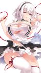  1girl anchor_choker armpits azur_lane bangs breasts choker cleavage commentary_request dress eyebrows_visible_through_hair frilled_choker frills hair_between_eyes highres lace-trimmed_hairband large_breasts maid maid_dress maid_headdress navel neko_ni_mieru open_mouth panties red_eyes red_ribbon ribbon short_hair sirius_(azur_lane) thighhighs thighs torn_clothes torn_dress underboob underwear white_frills white_hair white_legwear white_panties 