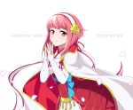  1girl closed_mouth dated fire_emblem fire_emblem_fates hairband happy_birthday hiyori_(rindou66) japanese_clothes petals pink_eyes pink_hair sakura_(fire_emblem) short_hair simple_background smile solo white_background 