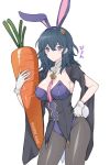  1girl akina_(akn_646) animal_ears bangs between_breasts black_legwear blue_eyes blue_hair blue_leotard blush breasts bunny_ears bunny_tail bunnysuit byleth_(fire_emblem) byleth_(fire_emblem)_(female) carrot cleavage closed_mouth commentary_request eyebrows_visible_through_hair fake_animal_ears fake_tail fire_emblem fire_emblem:_three_houses gloves holding large_breasts leotard looking_at_viewer pantyhose simple_background solo strapless strapless_leotard tail tassel translation_request twitter_username white_background white_gloves 