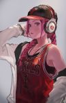  1girl baseball_cap basketball_jersey black_bra bra braid breasts burari chicago_bulls derrick_rose grey_background hat headphones jacket jewelry locket long_braid national_basketball_association nose off-shoulder_jacket original pendant pink_eyes pink_hair small_breasts solo sports_bra twin_braids underwear white_jacket wireless 