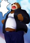  2011 anthro belly black_nose bottomwear brown_body brown_fur clothing eyes_closed fur hi_res humanoid_hands kemono kuma_(pixiv_881259) male mammal overweight overweight_male pants shirt solo topwear ursid 