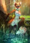  2020 4_toes anthro areola breasts canid canine day detailed_background digital_media_(artwork) ear_piercing ear_ring female forest fossa666 fox fur genitals grass hi_res mammal nipples nude outside partially_submerged piercing pinkk_pawpads pussy solo toes tree white_body white_fur 