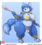  2020 4_toes 5_fingers accessory belly blue_eyes blue_hair breasts canid canine clothing curvy_figure digital_media_(artwork) female fingers footwear fox hair hair_accessory hairband holding_object holding_weapon jewelry krystal loincloth mammal markings melee_weapon necklace nekocrispy nintendo overweight overweight_female patreon polearm sandals short_hair shoulder_pads signature simple_background smile solo spear star_fox tailband text thick_thighs toes tribal_markings url video_games voluptuous weapon 