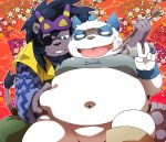  2013 anthro belly bottomwear clothing duo eye_patch eyewear felid giant_panda humanoid_hands kemono lion male mammal moobs navel nikiciy overweight overweight_male pandeth pantherine pants pop&#039;n_music tongue tongue_out ursid 