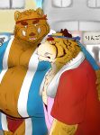  2010 anthro belly brown_body brown_fur bulge clothing duo felid fur hi_res hug humanoid_hands kemono kuma_(pixiv_881259) male mammal moobs outside overweight overweight_male pantherine shirt suid suina sus_(pig) tiger topwear underwear wild_boar 