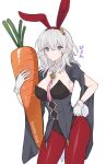  1girl akina_(akn_646) alternate_color animal_ears bangs between_breasts black_leotard blue_eyes blush breasts bunny_ears bunny_tail bunnysuit byleth_(fire_emblem) byleth_(fire_emblem)_(female) carrot cleavage closed_mouth commentary_request eyebrows_visible_through_hair fake_animal_ears fake_tail fire_emblem fire_emblem:_three_houses gloves hairband holding large_breasts leotard looking_at_viewer pantyhose red_hairband red_legwear silver_hair simple_background solo strapless strapless_leotard tail tassel translation_request twitter_username white_background white_gloves 