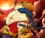  2018 anthro asian_clothing belly bulge clothing east_asian_clothing felid fundoshi hi_res humanoid_hands japanese_clothing kemono male mammal moobs navel nikiciy outside overweight overweight_male pantherine solo tiger underwear weapon 