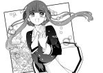  1girl :d azukiko bangs blunt_bangs blush braid braided_bun cardcaptor_sakura daidouji_tomoyo eyebrows_visible_through_hair flower greyscale hand_on_own_chest long_hair long_sleeves monochrome open_mouth school_uniform skirt smile solo tomoeda_elementary_school_uniform 