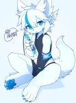  amputee android blue_eyes blue_hair canid canine claws devil-vox digitigrade disability english_text fox fur glowing hair hi_res kemono machine male mammal multicolored_hair pawpads robot science_fiction sitting text white_body white_fur white_hair young 