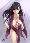  1girl absurdres artist_name bangs blinkblink_art blush breasts burn_the_witch cleavage eyebrows_visible_through_hair grey_background grey_eyes hair_between_eyes hair_ornament hand_on_own_chest highlights highres large_breasts light_rays long_hair multicolored_hair navel nightgown niihashi_noel open_mouth purple_nightgown solo thighhighs thighs 