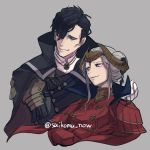  1boy 1girl black_hair closed_mouth crossed_arms edelgard_von_hresvelg fire_emblem fire_emblem:_three_houses gloves grey_background hair_over_one_eye headpiece horns hubert_von_vestra long_sleeves purple_eyes short_hair simple_background suikomu_now twitter_username upper_body white_gloves white_hair 