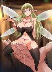  1girl aloe_(ishuzoku_reviewers) arm_tattoo bangs bare_shoulders black_legwear breasts chest_tattoo cleavage clenched_teeth collarbone commentary_request crossed_bangs eyebrows_visible_through_hair fairy fairy_wings green_hair hair_between_eyes hand_up highres ishuzoku_reviewers large_breasts long_hair minigirl moruta_(sunu-pio) navel pointy_ears purple_eyes pussy_juice sitting smile solo_focus stomach_tattoo tattoo teeth thighhighs wings 