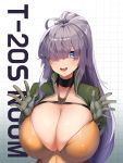  1girl :d absurdres ahoge bangs beige_shirt blue_eyes breasts checkered choker cleavage covered_nipples ett01024 gloves green_jacket grey_gloves grid_background hair_over_one_eye hands_up high_ponytail highres huge_breasts jacket last_origin long_hair open_clothes open_jacket open_mouth purple_hair smile strap t-20s_gnome upper_body very_long_hair 