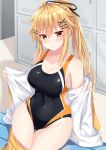  1girl bangs bare_shoulders bench black_ribbon black_swimsuit blonde_hair blush breasts brown_eyes cleavage closed_mouth commentary_request competition_swimsuit covered_navel eyebrows_visible_through_hair groin hair_between_eyes hair_ornament hair_ribbon hairclip highres indoors komori_kuzuyu locker locker_room long_hair long_sleeves medium_breasts nao_(kuzuyu) off_shoulder on_bench one-piece_swimsuit open_clothes open_shirt original pleated_skirt ponytail ribbon shirt sitting sitting_on_bench skirt skirt_pull solo sweat swimsuit thigh_gap very_long_hair white_shirt x_hair_ornament yellow_skirt 