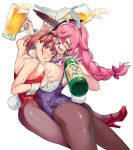  2girls alcohol animal_ears ass bare_shoulders beer_mug blush bottle bow breast_grab breast_press breasts bunny_ears bunny_tail bunnysuit copyright_request cup fake_animal_ears fingernails glasses grabbing green_eyes hair_between_eyes hair_bow high_heels highres holding holding_bottle holding_cup holding_plate large_breasts long_hair mug multiple_girls nonco ok_sign open_mouth plate purple_bow purple_ribbon red-framed_eyewear red_eyes red_footwear red_ribbon ribbon shiny shiny_skin short_hair simple_background smile spilling sweat symmetrical_docking tail teeth tongue white_background 