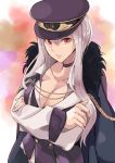  1girl breasts choker cleavage cloak collarbone crossed_arms dress fur girls_frontline hat highres kar98k_(girls_frontline) large_breasts long_hair looking_at_viewer medium_breasts military military_hat military_uniform niac red_eyes silver_hair simple_background solo uniform 