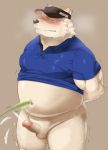  2018 anthro balls belly blush bodily_fluids canid canine canis censored clothing cum domestic_dog ejaculation erection eyes_closed genital_fluids genitals hi_res kemono male mammal navel nikiciy overweight overweight_male penis shirt solo topwear 