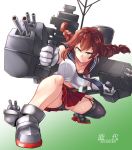  1girl asymmetrical_legwear belt black_panties braid breasts brown_hair cannon chaigidhiell character_name commentary_request full_body garter_straps gloves gradient gradient_background green_eyes highres kantai_collection midriff miniskirt necktie noshiro_(kantai_collection) panties pantyshot pantyshot_(squatting) pleated_skirt red_skirt school_uniform serafuku single_thighhigh skirt solo squatting thighhighs turret twin_braids underwear white_gloves 