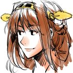  1girl black_eyes brown_hair closed_mouth eyebrows_visible_through_hair headgear kantai_collection kongou_(kantai_collection) portrait ruukii_drift simple_background sketch smile solo white_background 