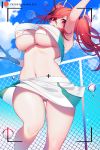  1girl areolae arm_up armpits azur_lane bangs bare_shoulders bikini bikini_under_clothes blue_sky bow breasts bremerton_(azur_lane) bremerton_(scorching-hot_training)_(azur_lane) commentary crop_top crop_top_overhang english_commentary eyebrows_visible_through_hair grey_hair hair_between_eyes hair_bow hair_ornament hairclip large_breasts long_hair micro_bikini multicolored_hair nanoless navel nipples no_mole outdoors patreon_username pink_hair puffy_nipples see-through sky sportswear streaked_hair swimsuit tennis_uniform twintails two-tone_hair two-tone_shirt two-tone_skirt viewfinder wet wet_clothes white_bikini x_hair_ornament 