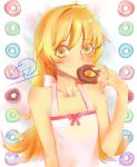  1girl blonde_hair doughnut dress food liz. long_dress long_hair monogatari_(series) oshino_shinobu pink_dress self_upload smile yellow_eyes 