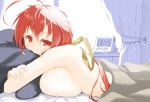  1girl ahoge another_kung_fu_girl areolae bed_sheet blush breasts clock copyright_name curtains dai_fuku digital_clock hair_ribbon highres large_breasts long_hair looking_at_viewer lying m.u.g.e.n nude on_stomach pillow pillow_hug red_eyes red_hair ribbon sideboob smile solo window yellow_ribbon 