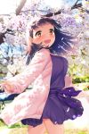  1girl :d black_hair blew_andwhite brown_eyes cardigan cherry_blossoms day dress floating_hair gradient_hair highres hime_cut multicolored_hair open_mouth outdoors pink_cardigan purple_dress purple_sash sakurada_maon sash smile solo spring_(season) tamayura 