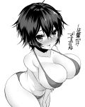  1girl bare_shoulders bikini blush breasts chikage_(blackclownery) hair_between_eyes highres large_breasts looking_at_viewer monochrome open_mouth persona persona_4 shiny shiny_hair shirogane_naoto short_hair simple_background solo swimsuit tomboy white_background 