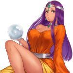  1girl belt bracelet breasts brown_eyes cleavage collar covered_nipples crystal_ball diadem dragon_quest dragon_quest_iv dress eyebrows_visible_through_hair glint holding jewelry large_breasts long_hair long_sleeves looking_at_viewer minea necklace off-shoulder_dress off_shoulder orange_dress purple_hair shu-mai simple_background sitting solo white_background 