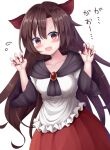  1girl animal_ears blush brooch brown_hair commentary_request dress embarrassed fang fangs gao imaizumi_kagerou jewelry long_hair long_sleeves open_mouth red_eyes red_skirt ruby_(gemstone) skirt solo suigetsu_(watermoon-910) touhou translated white_background white_dress wolf_ears 