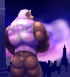  2018 anthro big_muscles blonde_hair bottomless brown_body brown_fur building butt clothed clothing fur hair hi_res hoodie huge_muscles male mammal muscular muscular_male outside pink_eyes rheobear shooting_star sky solo star topwear ursid 