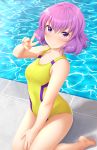 1girl absurdres commentary competition_swimsuit english_commentary full_body highres kawai_hanabi keijo!!!!!!!! kneeling looking_at_viewer one-piece_swimsuit pool poolside purple_eyes purple_hair short_hair solo swimsuit tiri v water wavy_hair yellow_swimsuit 