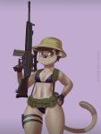  2020 3:4 anthro artist_name bikini breasts brown_eyes butt_from_the_front clothed clothing collarbone euplerid female fingerless_gloves fossa gloves hair handwear hat headgear headwear hi_res holding_gun holding_object holding_weapon looking_at_viewer mammal mr-shin portrait simple_background solo swimwear three-quarter_portrait trigger_discipline weapon 