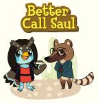  animal_crossing anthro avian beak better_call_saul bird black_nose blue_body blue_clothing blue_fur breaking_bad brown_body brown_eyes brown_fur brown_hair clothed clothing crossover cup duo eyewear female fluffy fluffy_tail fur glasses gustavo_fring hair hi_res holding_object humanoid iirene jacket lydia_rodarte_quayle male mammal multicolored_body multicolored_fur nintendo open_mouth open_smile procyonid raccoon simple_background smile standing text topwear video_games white_background 