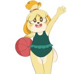  1:1 alpha_channel animal_crossing anthro ball beach_ball buckteeth canid canine canis clothing domestic_dog eyebrows female isabelle_(animal_crossing) mammal mistic_hobo_(artist) nintendo simple_background smile solo swimwear teeth thick_eyebrows transparent_background video_games waving_hand 