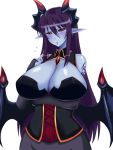  1girl arm_under_breasts bare_shoulders black_sclera blue_skin blush breasts bridal_gauntlets cleavage commentary_request corset demon_(monster_girl_encyclopedia) demon_girl demon_horns demon_wings elbow_gloves eyebrows_visible_through_hair gloves hair_between_eyes highres horns huge_breasts large_breasts long_hair looking_at_viewer monster_girl monster_girl_encyclopedia nakoto_oekaki open_mouth pointy_ears purple_hair red_eyes simple_background slit_pupils solo upper_body white_background wings 