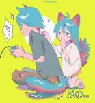  /\/\/\ 1boy 1girl animal_ears antenna_hair aqua_hair bangs barefoot blush_stickers brother_and_sister brown_pants cat_boy cat_ears cat_girl cat_tail circle clenched_teeth closed_mouth constricted_pupils controller covering_mouth dot_nose flying_sweatdrops from_side full_body furrowed_eyebrows game_controller gamepad green_background grey_shirt hair_between_eyes half-closed_eyes hand_up hands_up holding_controller holding_game_controller indian_style kneeling long_hair looking_at_another looking_away motion_lines niwabuki no_shoes noshime_ruka onomatopoeia orange_eyes original pants profile satonaka_kei shiny shiny_hair shirt short_sleeves siblings signature sitting smirk smug speech_bubble startled sweat tail teeth translation_request trembling white_shirt 