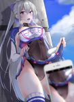  1girl absurdres armpit_crease armpit_cutout azur_lane bangs black_leotard blue_legwear blue_sky blurry_foreground blush bow braid breasts casablanca_(azur_lane) casablanca_(cheer_squad_on_break)_(azur_lane) cellphone cellphone_picture cheerleader cleavage cloud commentary_request core1013 covered_navel cowboy_shot crop_top drop_shadow eyebrows_visible_through_hair hair_between_eyes hair_bow heavy_breathing high_ponytail highres large_breasts leotard leotard_under_clothes lifted_by_self long_hair long_sleeves looking_to_the_side midriff miniskirt open_mouth phone pleated_skirt purple_bow purple_eyes ribbed_legwear sidelocks silver_hair skirt skirt_lift sky smartphone solo_focus standing steam sweat taking_picture taut_clothes thighhighs two-tone_skirt wall white_skirt 