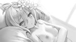  1girl antenna_hair bangs blush breasts closed_mouth collarbone dutch_angle elf eyebrows_visible_through_hair flower greyscale hair_flower hair_ornament hair_ribbon highres kokkoro_(princess_connect!) lead looking_at_viewer lying monochrome nipples nude on_back pillow pointy_ears princess_connect! princess_connect!_re:dive ribbon short_hair small_breasts solo sweat sxbzero upper_body 