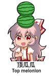  1girl :d bangs bow chibi chinese_commentary chinese_text commentary_request english_text eyebrows_visible_through_hair fujiwara_no_mokou hair_between_eyes hair_bow long_hair looking_at_viewer object_on_head open_mouth pants pink_hair puffy_short_sleeves puffy_sleeves red_eyes red_pants shangguan_feiying shirt short_sleeves sidelocks simple_background smile solo suspenders touhou upper_body very_long_hair watermark white_background white_bow white_shirt 