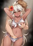  1boy 1girl ahoge armpits arms_behind_head arms_up bangs bare_shoulders bikini blush breast_grab breasts brown_hair collarbone cowlick dark_skin fingering flower front-tie_bikini front-tie_top grabbing gran_(granblue_fantasy) granblue_fantasy hair_between_eyes hair_flower hair_ornament hetero hibiscus highres long_hair looking_at_viewer marugoshi_(54burger) medium_breasts navel open_mouth orange_eyes reach-around short_hair swimsuit thighs white_bikini white_hair zooey_(granblue_fantasy) 