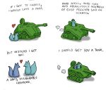  &lt;3 armor blue_body blue_fox_(foxes_in_love) canid canine comic dialogue duo english_text feral fox foxes_in_love fur green_body green_fox_(foxes_in_love) green_fur headgear helmet male male/male mammal smoke tank text vehicle 