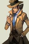  1boy blue_neckwear brown_coat brown_headwear brown_vest cigarette coat collared_shirt fedora grey_background hankuri hat holding_lighter lighter long_sleeves lupin_iii male_focus mouth_hold necktie open_clothes open_coat shirt simple_background solo vest white_shirt wing_collar zenigata_kouichi 